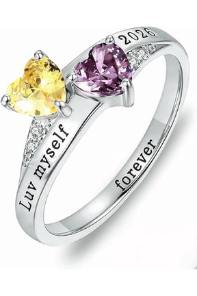 Personalized Birthstone Ring for Women - Custom 2 Heart Birthstone Rings for Mom Custom Engraved Name Jewelry Promise Rings for Mother's Day & Valentine's Day