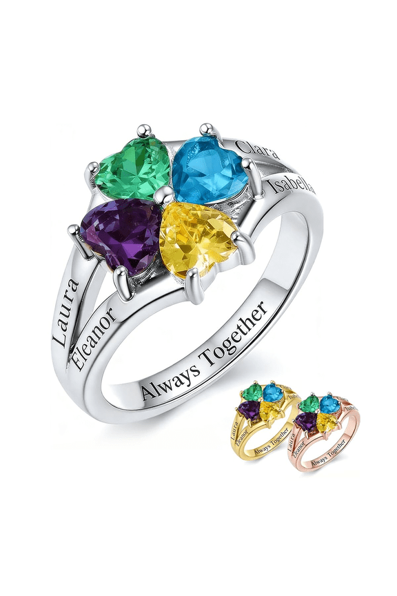 Personalized Birthstone Ring for Women - Custom 4 Heart Birthstone Rings for Mom Custom Engraved Name Jewelry Promise Rings for Mother's Day & Valentine's Day (Style 5)