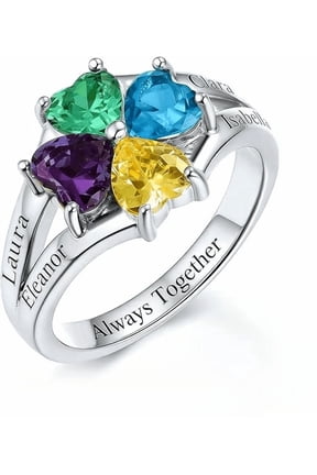 Personalized Birthstone Ring for Women - Custom 4 Heart Birthstone Rings for Mom Custom Engraved Name Jewelry Promise Rings for Mother's Day & Valentine's Day (Style 5)