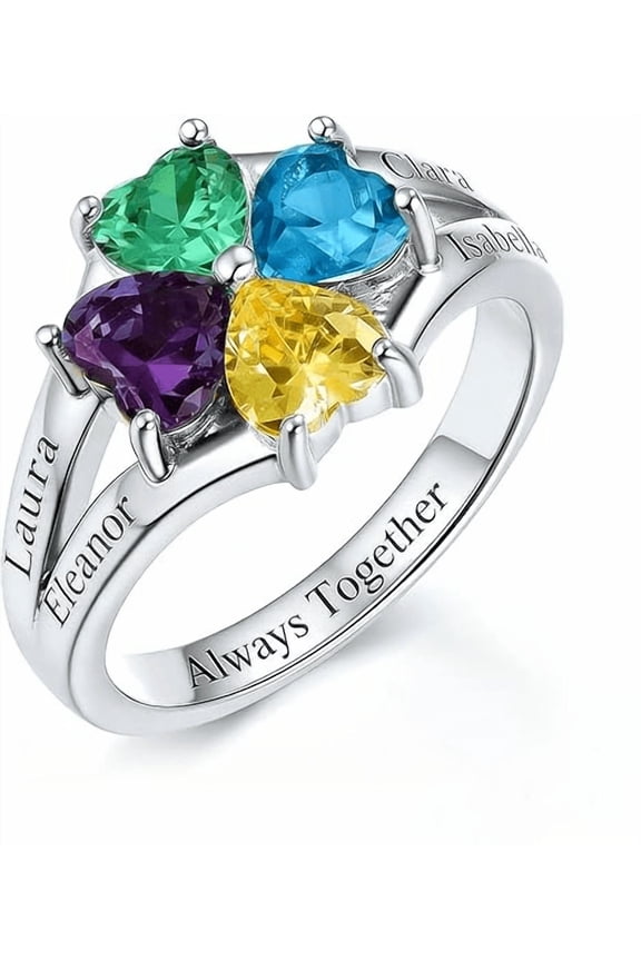 Personalized Birthstone Ring for Women - Custom 4 Heart Birthstone Rings for Mom Custom Engraved Name Jewelry Promise Rings for Mother's Day & Valentine's Day (Style 5)