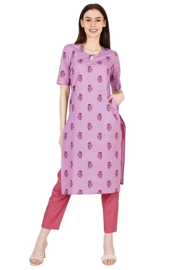 2 Pcs Printed Kurta Pajama Set For Womens, Cotton Ethnic Set Indian Wear