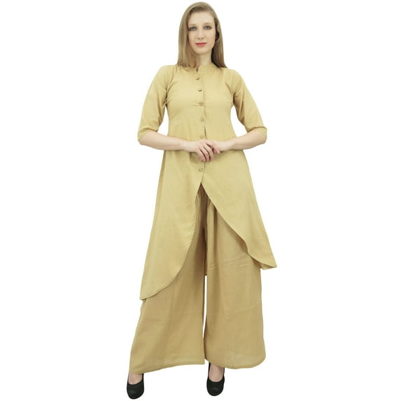 Phagun Asymmetrical Kurta Kurti Solid Beige Indian Clothing With Palazzo Pant-20
