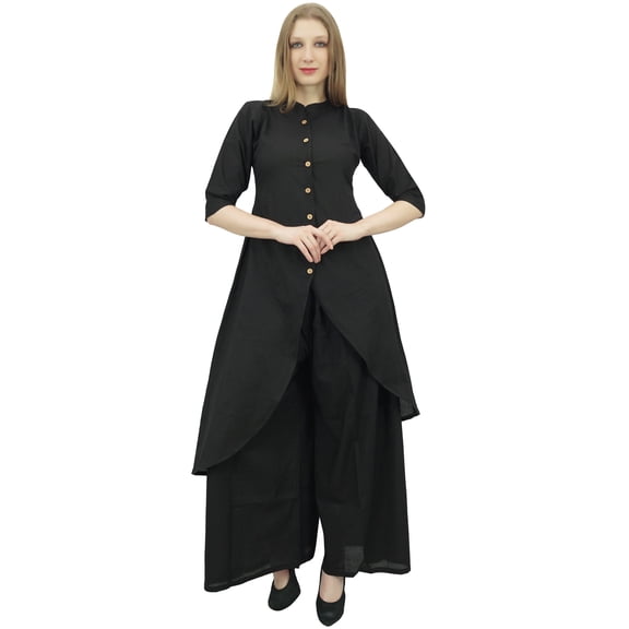 Phagun Asymmetrical Solid Black Indian Clothing Kurta Kurti With Palazzo Pant-16