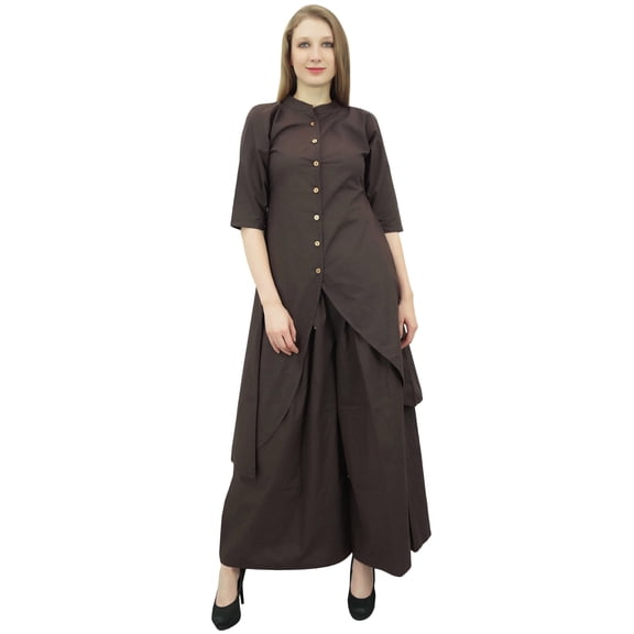 Phagun Asymmetrical Solid Brown Kurta Kurti With Palazzo Pant Indian Clothing-20