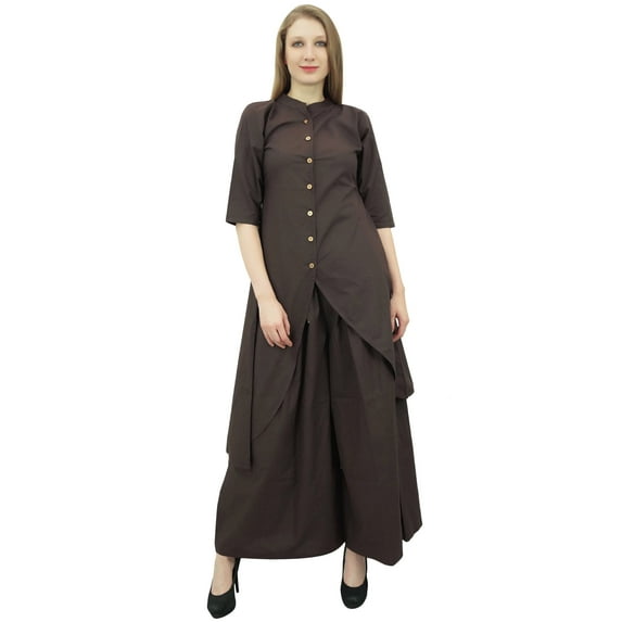 Phagun Asymmetrical Solid Brown Kurta Kurti With Palazzo Pant Indian Clothing-8