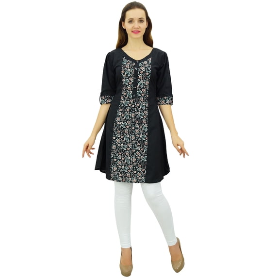 Phagun Black Cotton Tunic Indian Ethnic 3/4 Sleeve Women's Summer Kurta-20