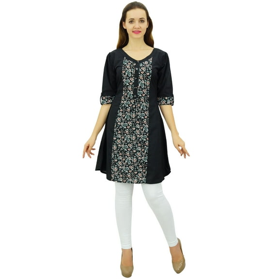 Phagun Black Cotton Tunic Indian Ethnic 3/4 Sleeve Women's Summer Kurta-4