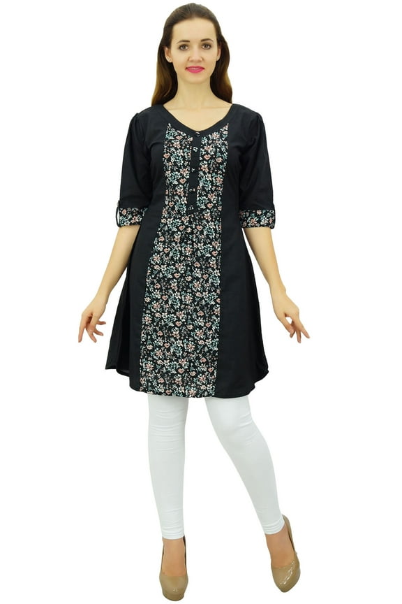 Black Cotton Tunic Indian Ethnic 3/4 Sleeve Women's Summer Kurta-8
