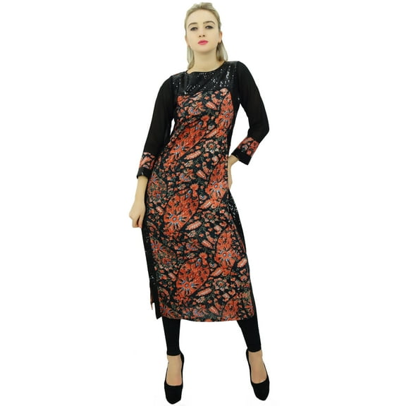 Phagun Black Rayon Mid Calf Printed Striaght Kurti Women Casual Clothing-10