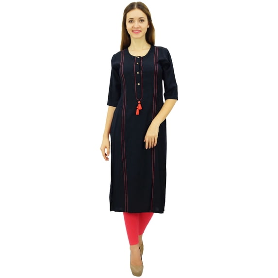 Phagun Blue Straight Kurti Classic Kurta Tassel Casual Indian Tunic Blouse - 10
