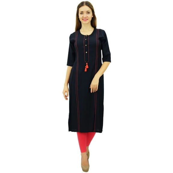 Phagun Blue Straight Kurti Classic Kurta Tassel Casual Indian Tunic Blouse - 22