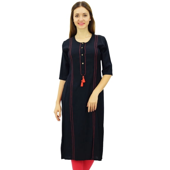 Phagun Blue Straight Kurti Classic Kurta Tassel Casual Indian Tunic Blouse - 4