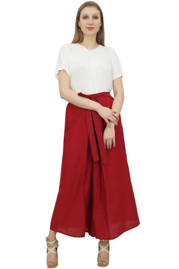 Casual Wear Solid Red Ladies Thai Fisherman Pants Self Tie Waist-Large