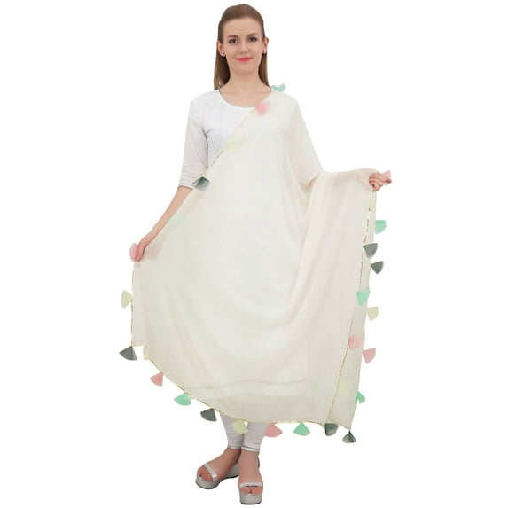 Phagun Chiffon Dupatta Indian Long Stole Throw Tassel Neck Wrap Chunni-White