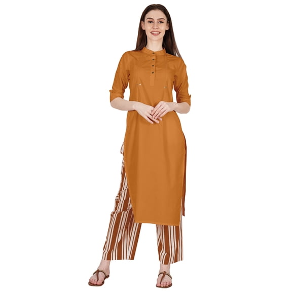 Phagun Cotton Kurta Palazzo Set, Solid Ethnic Kurti Printed Pant Co-Ord Set For Women