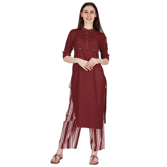 Phagun Cotton Kurta Palazzo Set, Solid Ethnic Kurti Printed Pant Co-Ord Set For Women