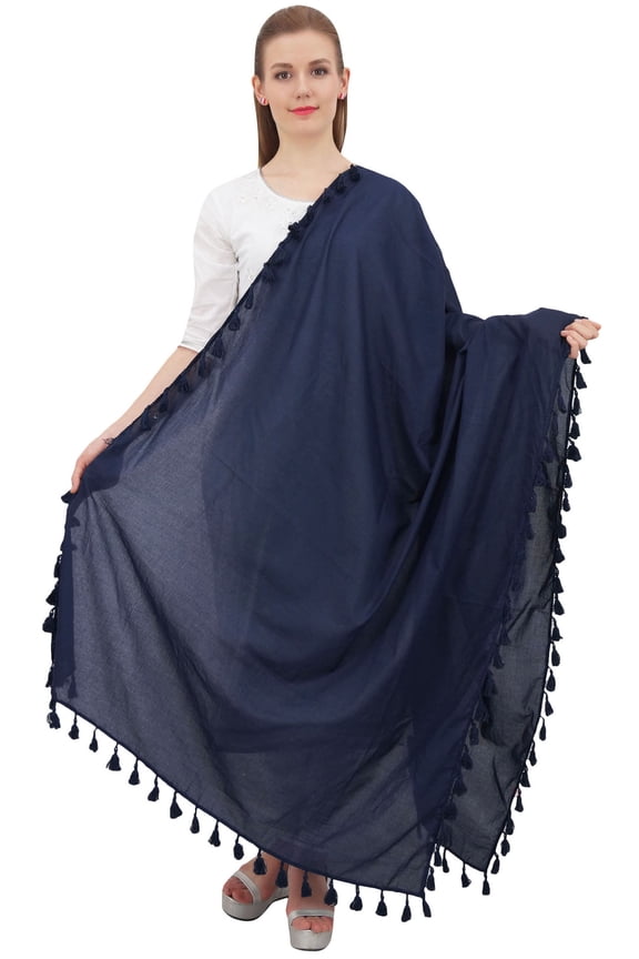 Cotton Neck Wrap Indian Dupatta Chunni Long Stole Tassel Scarf-Navy Blue
