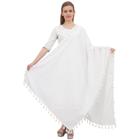 Phagun Cotton Neck Wrap Indian Dupatta Chunni Long Stole Tassel Scarf-White