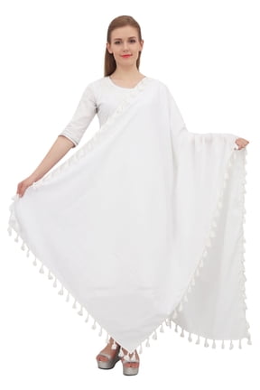 Cotton Neck Wrap Indian Dupatta Chunni Long Stole Tassel Scarf-White