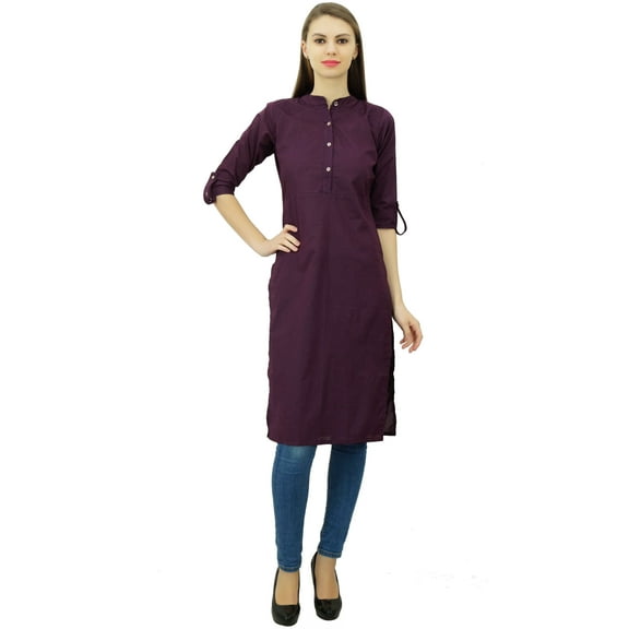 Phagun Cotton Plain Kurti Tunic Mandarin Collar Ethnic Casual Kurta Blouse