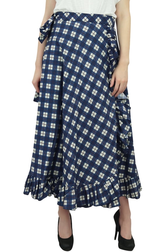 Cotton Ruffled Check Printed Self Belt Magic Women's Wrap Skirt-Blue