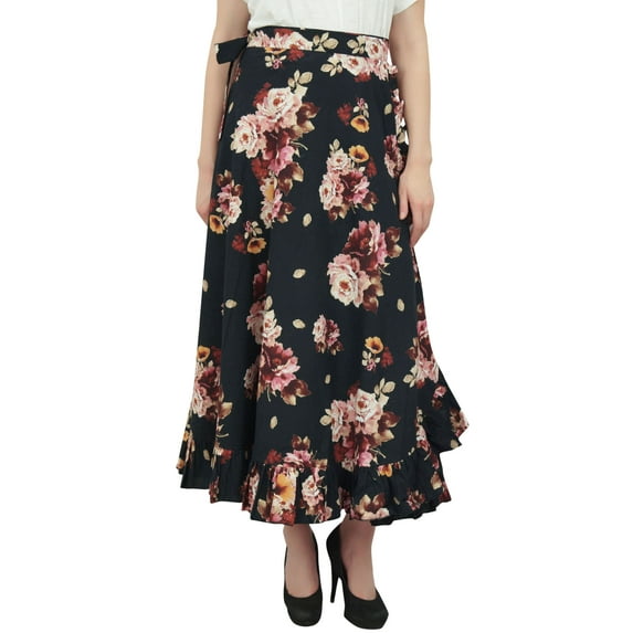 Phagun Cotton Ruffled Self Belt Floral Printed Magic Women's Wrap Skirt-Black