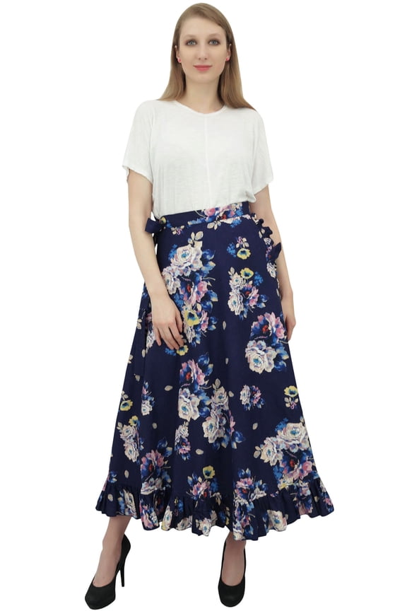 Cotton Ruffled Self Belt Floral Printed Magic Women's Wrap Skirt-Dark Navy Blue