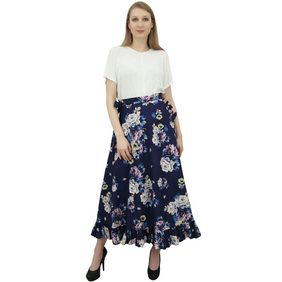 Phagun Cotton Ruffled Self Belt Floral Printed Magic Women's Wrap Skirt-Dark Navy Blue