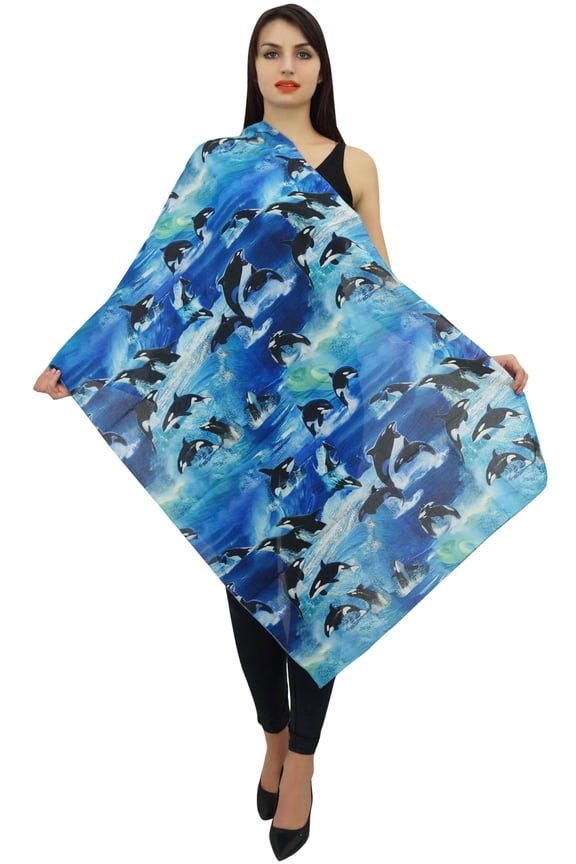 Cotton Voile Dolphin Fish Printed Women Neck Wrap Sea Blue Long Scarf