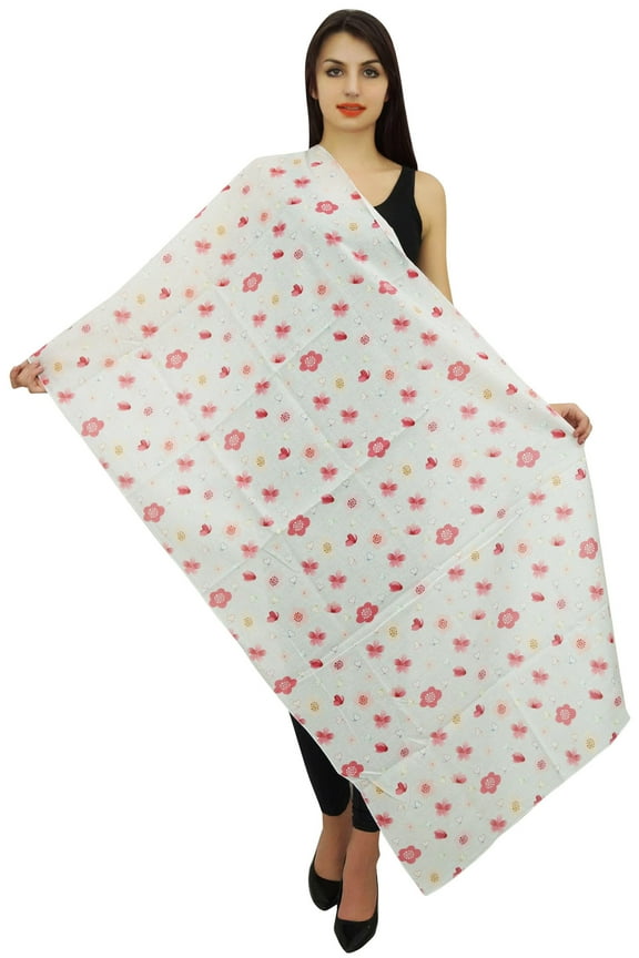 Cotton Voile Floral Print Scarf Dupatta Women Neck Wrap Long Stole-Off White