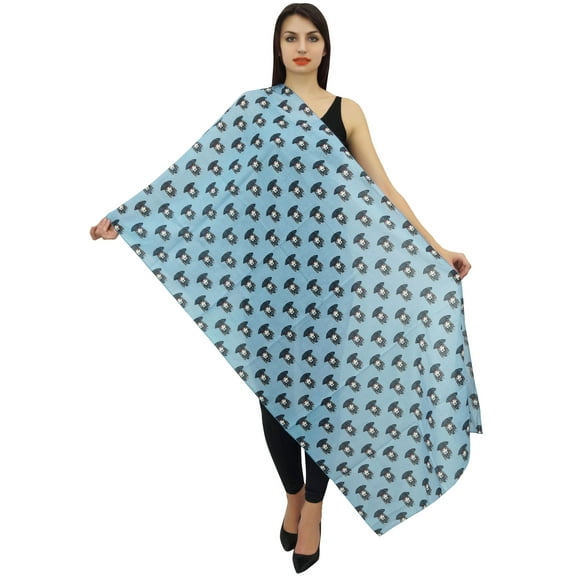 Phagun Cotton Voile Light Blue Pirates Print Women Neck Wrap Long Scarf Stole
