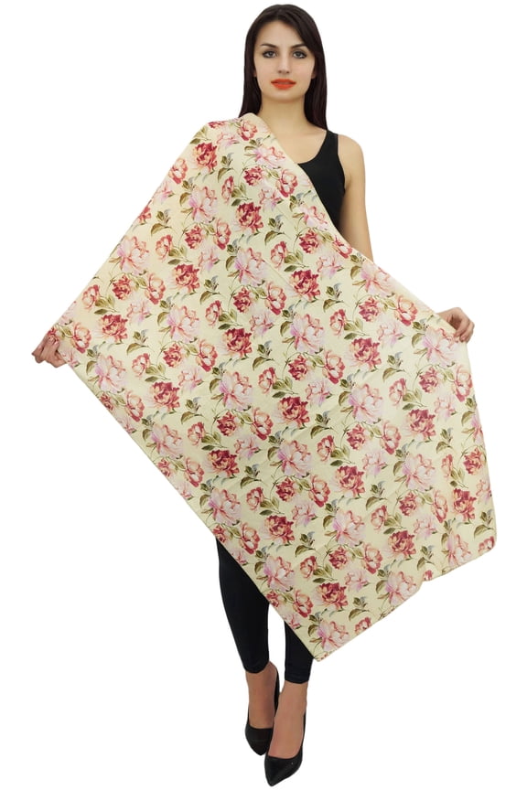 Cream Cotton Voile Women Long Sarong Stole Wrap Floral Print Scarf