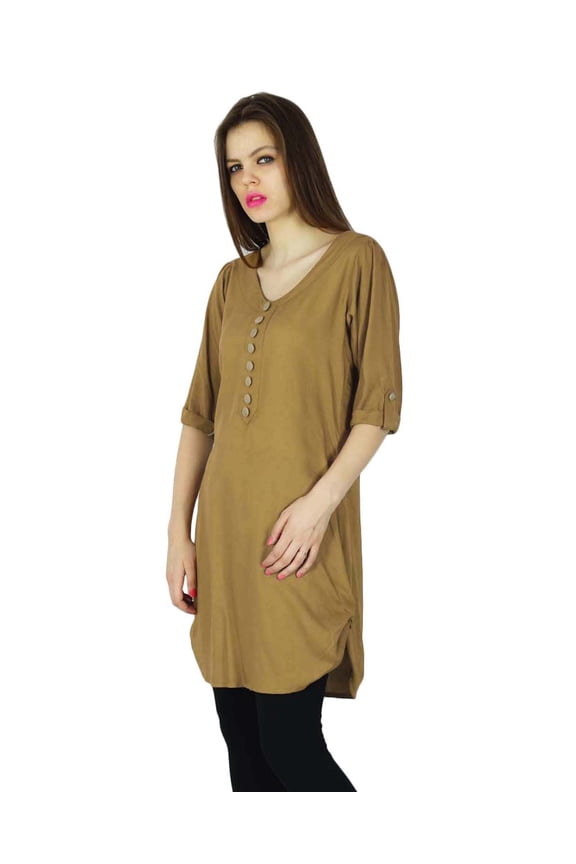 Designer Indian Kurta Casual Women Brown Solid Kurti Rayon Top Tunic Dress