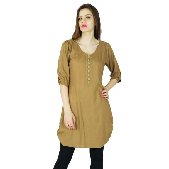 Phagun Designer Indian Kurta Casual Women Brown Solid Kurti Rayon Top Tunic Dress
