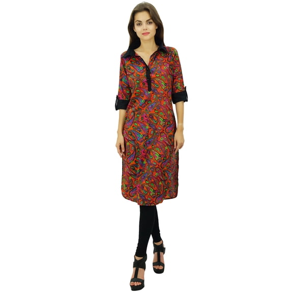 Phagun Designer Straight Printed Tunic Chic Collar Kurti Casual Cotton Kurta-18