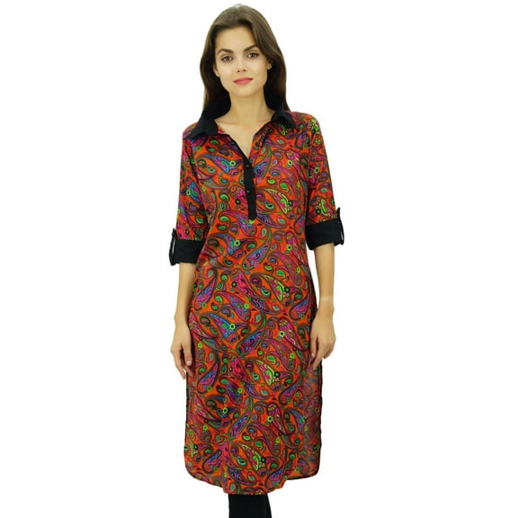 Phagun Designer Straight Printed Tunic Chic Collar Kurti Casual Cotton Kurta-22