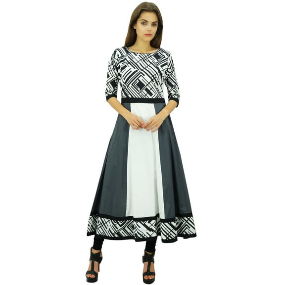 Phagun Ethnic Cotton Printed Designer Kurta Gray Anarkali Tunic Kurti Dress-6