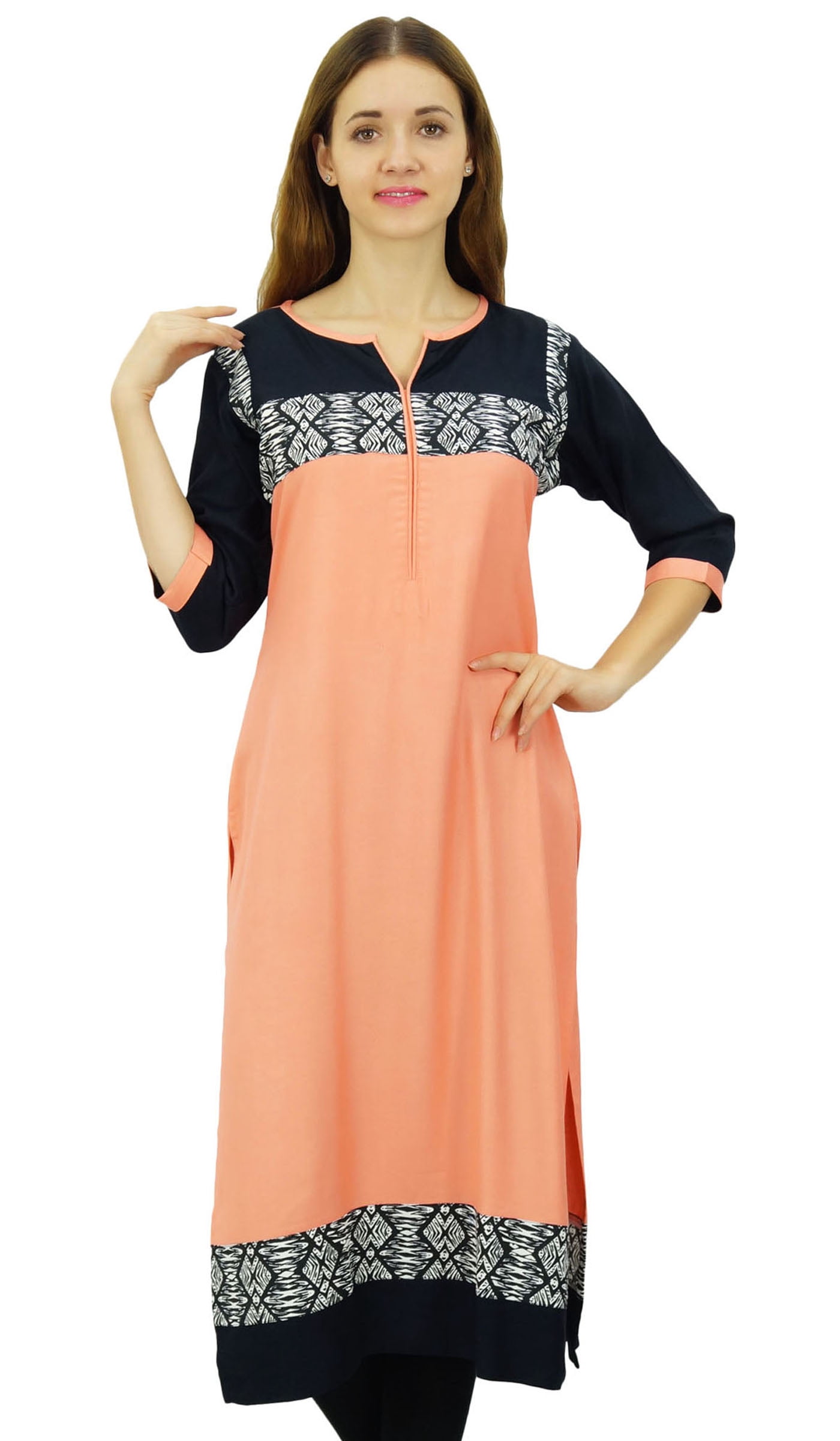 Phagun Indian Printed Cotton Kurti Top - Long Sleeve Ethnic Tunic Dress For Women, 52" Length