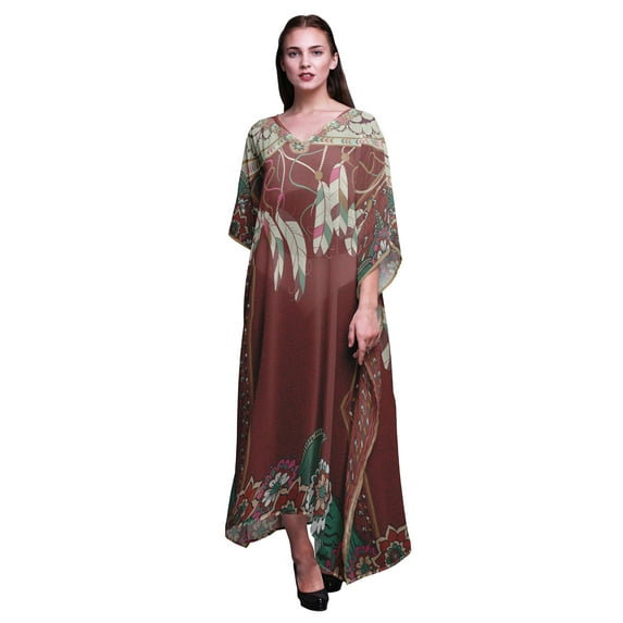 Phagun Feathers Tribal Long Caftan Maxi Dress Beach Swimwear Cover up Womens Kaftan-S-L