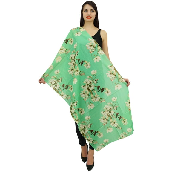 Phagun Floral & Bird Print Women Neck Wrap Scarf Sarong Cotton Voile Dupatta-Mint Green