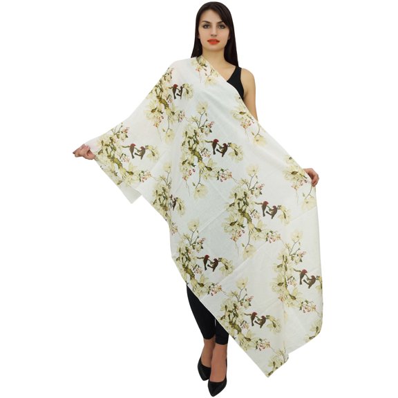 Phagun Floral & Bird Print Women Neck Wrap Scarf Sarong Cotton Voile Dupatta-White