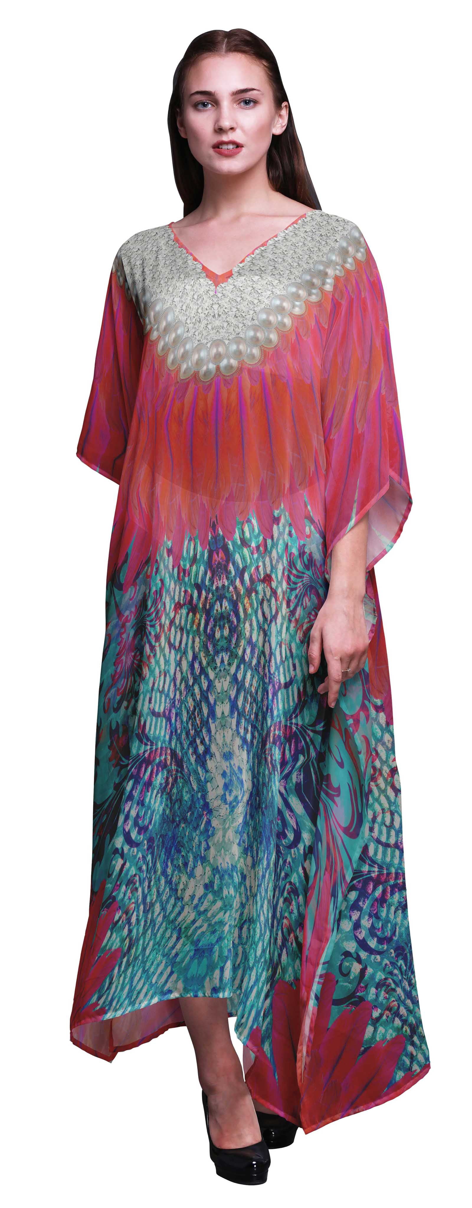 Phagun Geometric Tribal Long Caftan Maxi Dress - Beach Cover Up, Swimwear, 52 Inch Length - View #6