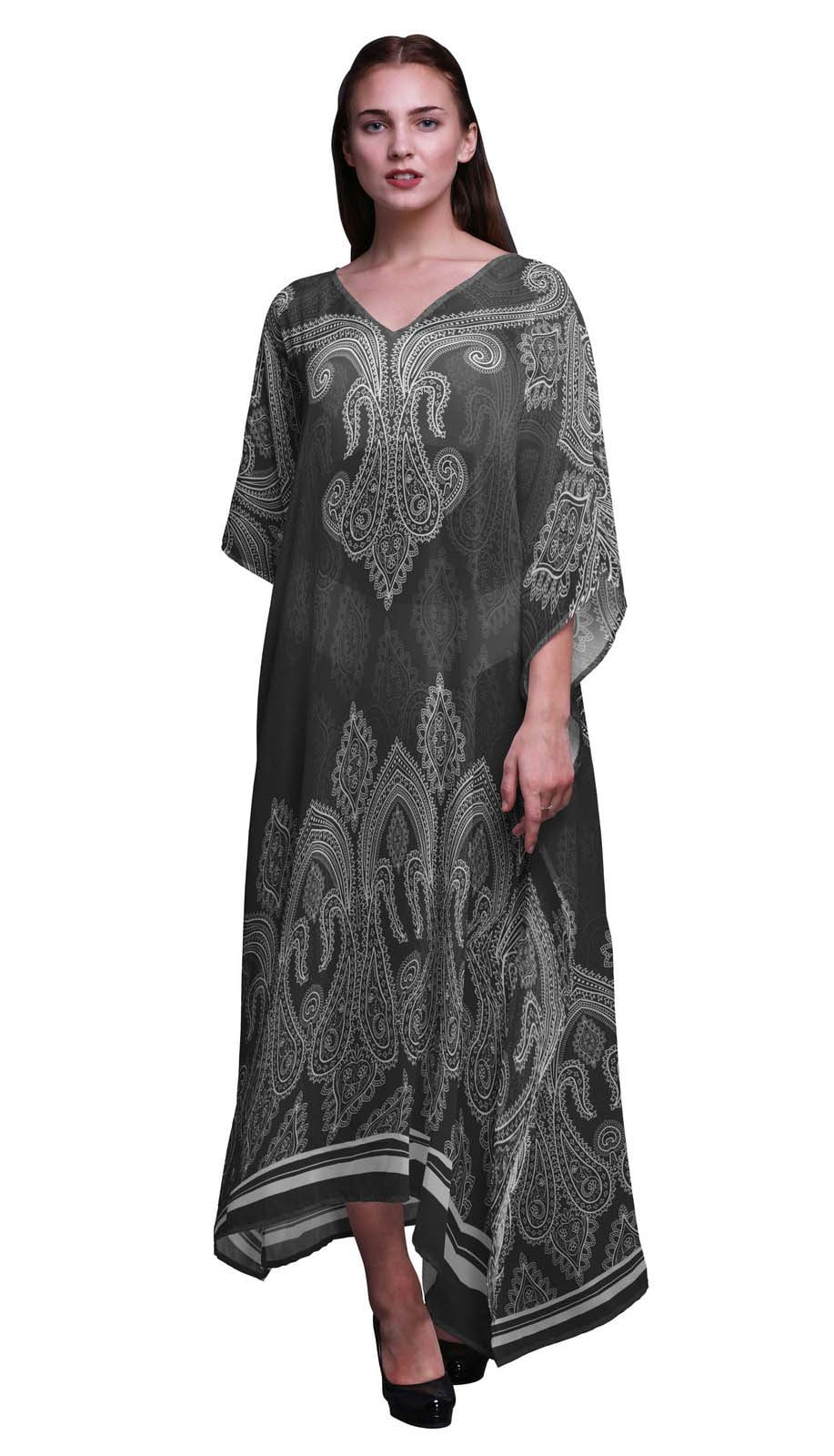 Phagun Women's Plus Size Kaftan - Black Floral Paisley Print, Summer Beach Coverup, 38 Inch Length - View #2