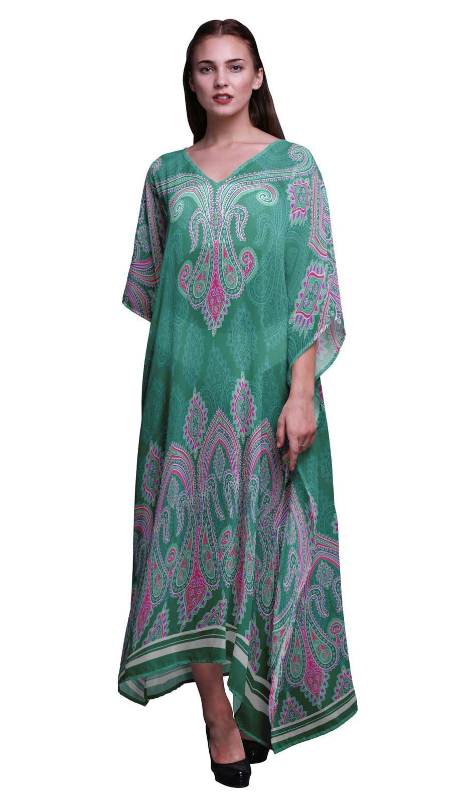 Phagun Women's Plus Size Kaftan - Black Floral Paisley Print, Summer Beach Coverup, 38 Inch Length