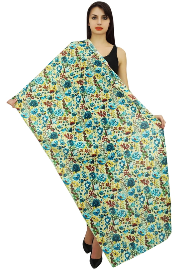 Floral Print Cotton Voile Stole Dupatta Women Neck Wrap Long Scarf-Aqua