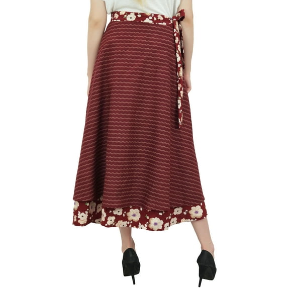 Phagun Floral Printed Summer Wear Maroon Cotton Long Reversible Wrap Skirt