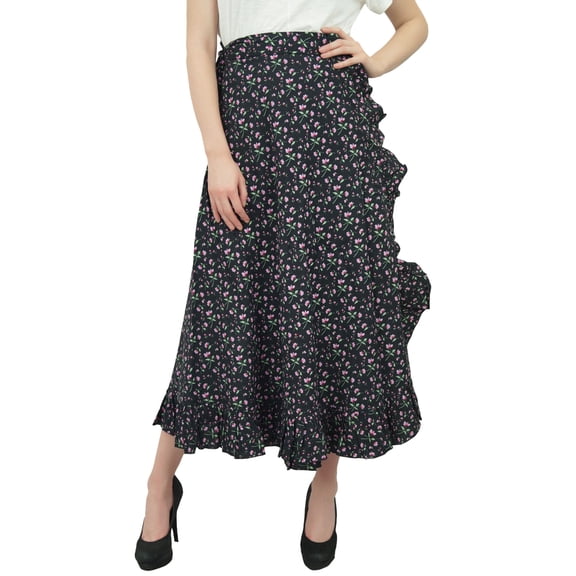 Phagun Floral Printed Wrap Self Belt Cotton Ruffled Magic Women's Skirt-Black