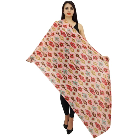 Phagun Ikat Print Cotton Voile Long Sarong Shawl Women Neck Wrap Scarf Stole-Peach