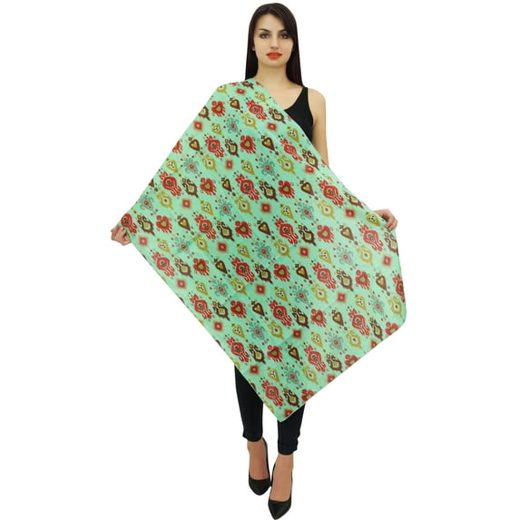 Phagun Ikat Print Cotton Voile Long Sarong Shawl Women Neck Wrap Scarf Stole-Turquoise
