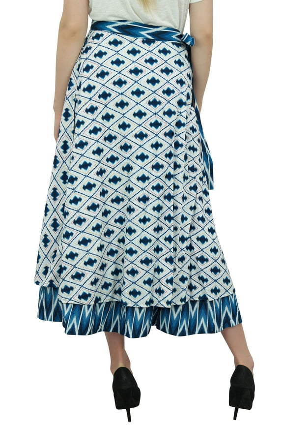 Indian Dress Reversible Ikat Printed Cotton Blue Boho Chic Wrap Skirt